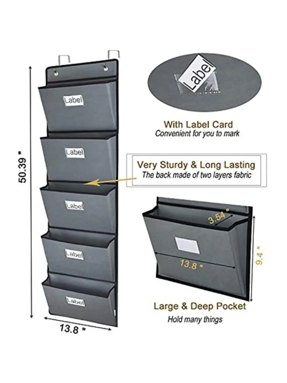Gray Over Door Hanging File Organizer 5 Pocket Wall Mail Document Holder Storage